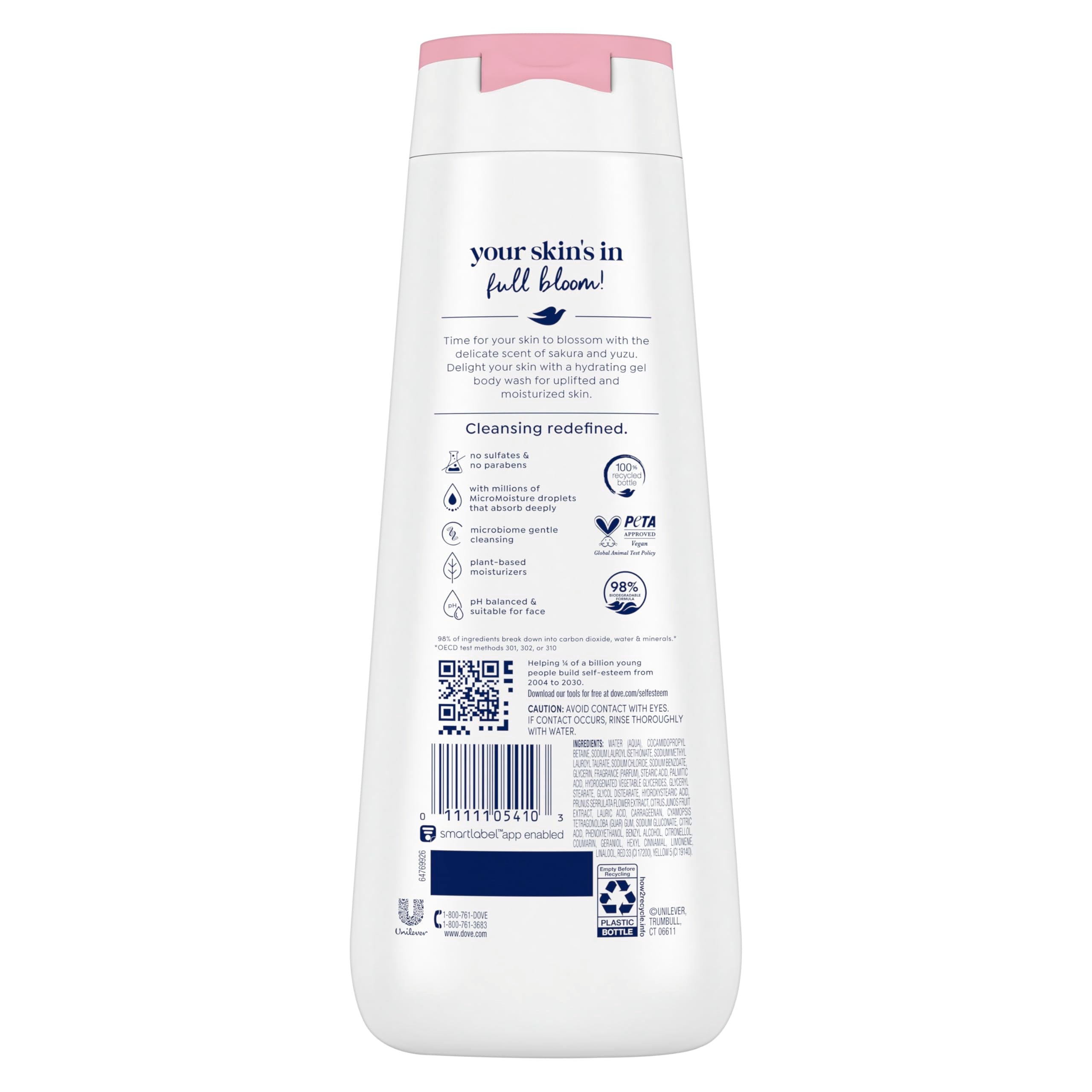 Dove Body Wash 4 Count for 24hr Lotion-Soft Skin Uplift Sakura Blossom and Yuzu Moisturizing Skin Cleanser with No Sulfates No Parabens